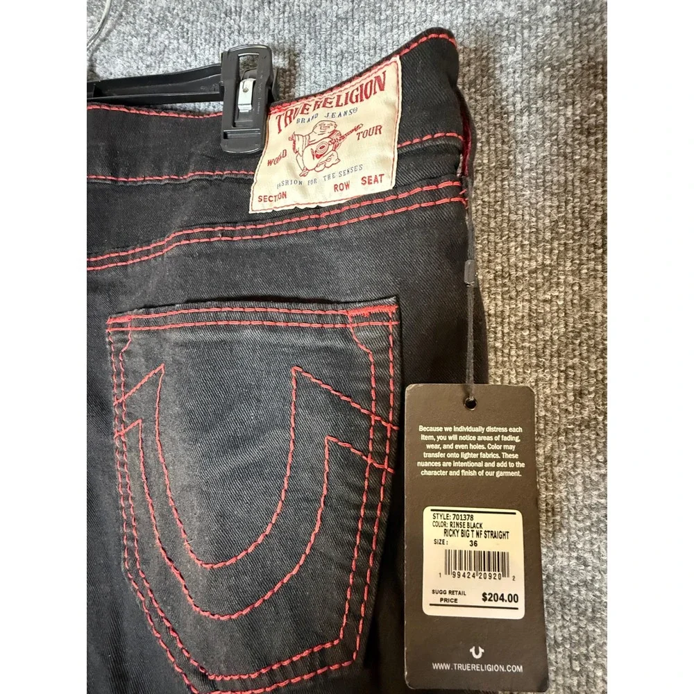 True Religion Ricky Big T Relaxed Straight Jeans Rinse Black Red Stitch Mens 36